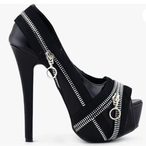 SHOW STORY Punk Black Zip Peeptoe Platform High Heel Stiletto Pump